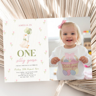 One Silly Goose Floral 1st Birthday Photo Invitation