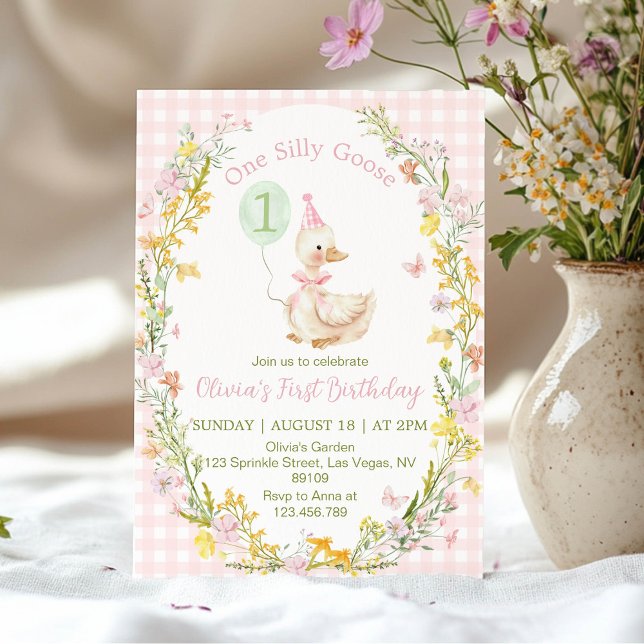 One Silly Goose Floral Pink Girl Birthday Invitation (Creator Uploaded)
