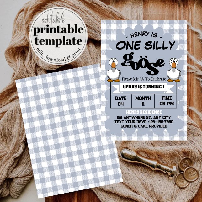 One Silly Goose Funny Cute Boy 1st Birthday Party Invitation (Creator Uploaded)