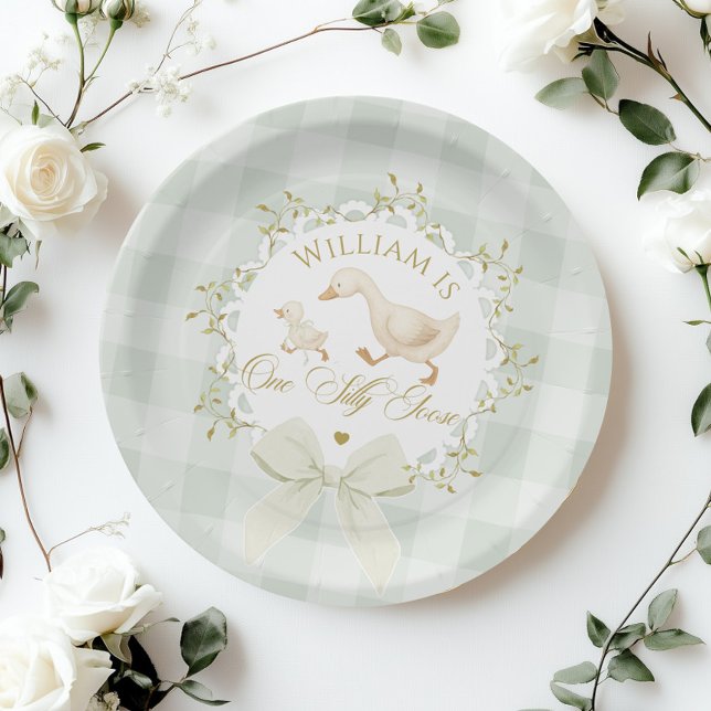One Silly Goose Gender neutral Sage green Birthday Paper Plate (Creator Uploaded)