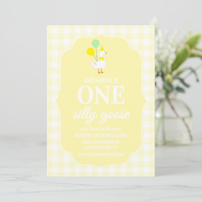 One Silly Goose Gingham 1st Birthday Invitation (Standing Front)