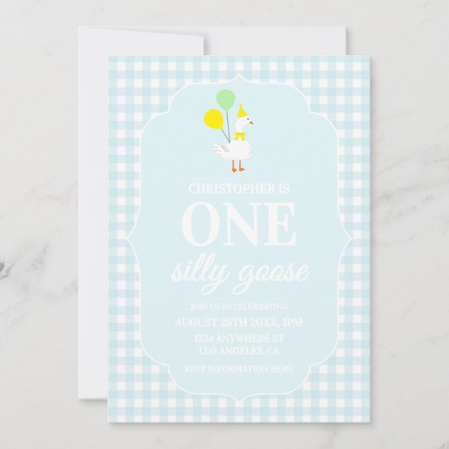 One Silly Goose Gingham 1st Birthday Invitation (Front)