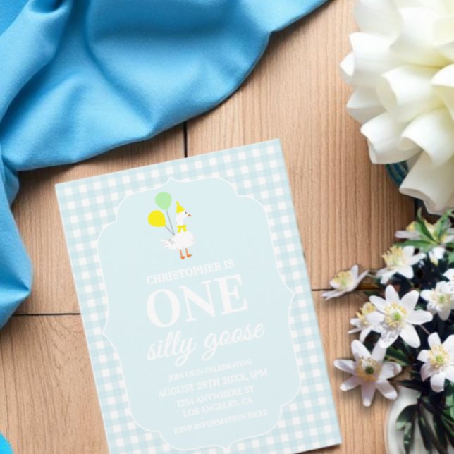 One Silly Goose Gingham 1st Birthday Invitation (Creator Uploaded)