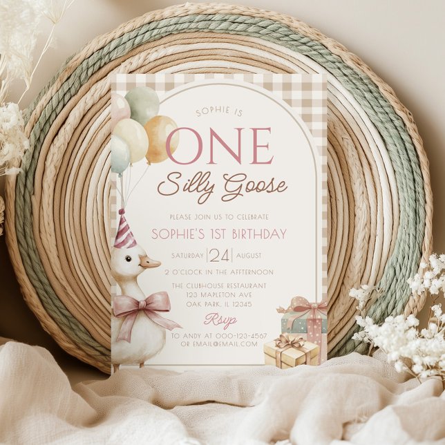 One Silly Goose Gingham 1st Birthday Invitation (Creator Uploaded)