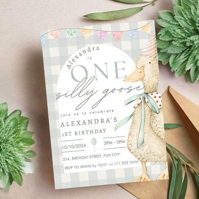One Silly Goose Gingham 1st Birthday Invitation (One Silly Goose Gingham 1st Birthday Invitation)