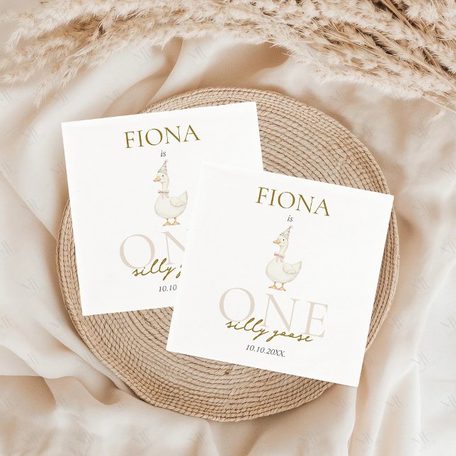 One Silly Goose Gingham 1st Birthday Napkin (One Silly Goose 1st Birthday Napkins Farm Animals Cute Theme Custom Personalized)