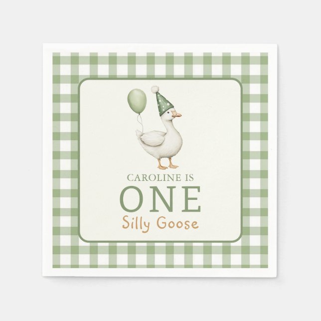 One Silly Goose Gingham 1st Birthday Napkins (Front)