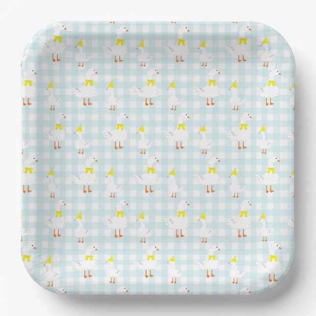 One Silly Goose Gingham 1st Birthday Paper Plate (Front)