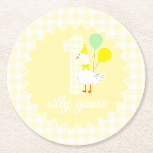 One Silly Goose Gingham 1st Birthday Round Paper Coaster