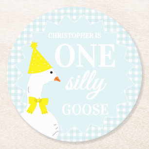 One Silly Goose Gingham 1st Birthday Round Paper Coaster