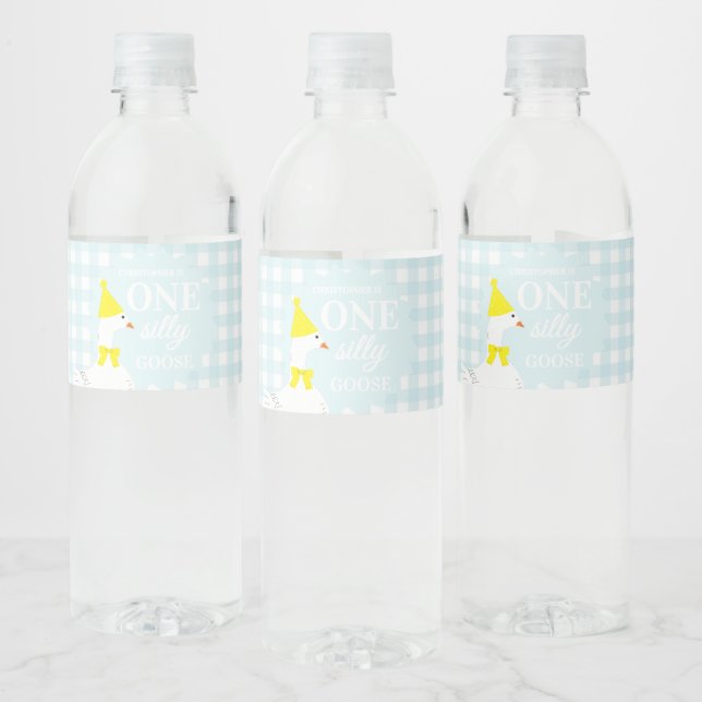 One Silly Goose Gingham 1st Birthday Water Bottle Label (Bottles)