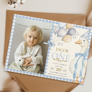 One Silly Goose Gingham Blue 1st Birthday Photo Invitation