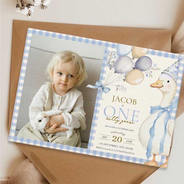 One Silly Goose Gingham Blue 1st Birthday Photo Invitation (One Silly Goose Photo 1st Birthday Invitation for Boys with Blue Gingham and Balloons )