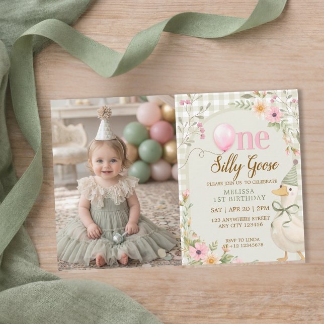 One Silly Goose Gingham Floral Girl 1st Birthday  Invitation (Creator Uploaded)