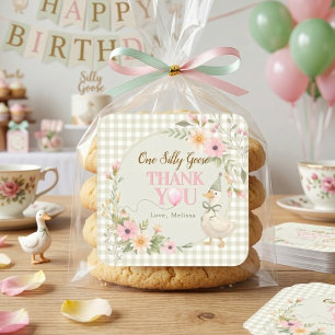One Silly Goose Gingham Floral Thank You Square Sticker