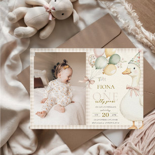 One Silly Goose Gingham Neutral 1st Birthday Photo Invitation