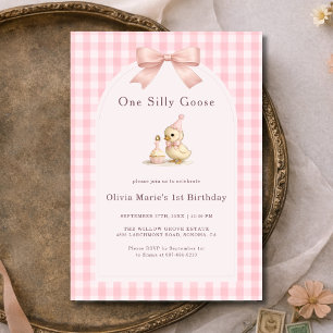 One Silly Goose Gingham Pink Bow Girl 1st Birthday Invitation