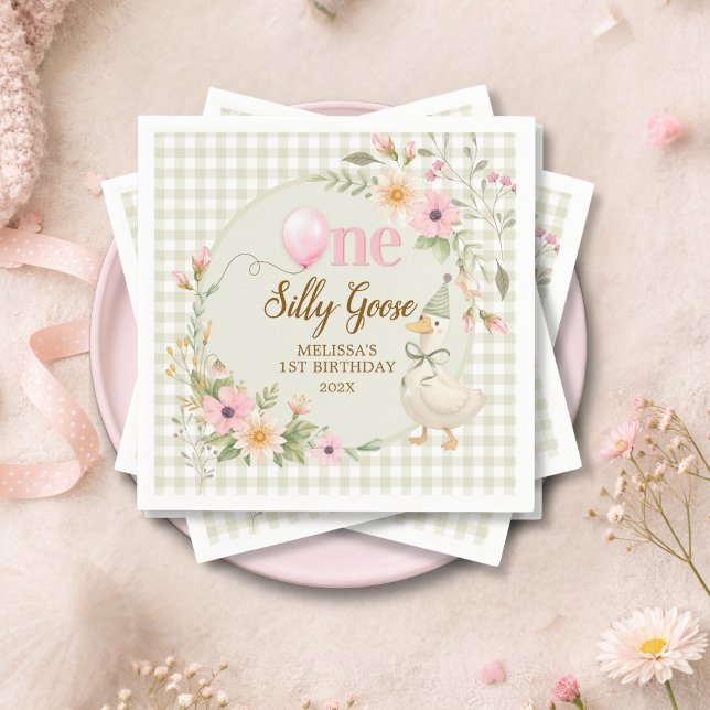 One Silly Goose Gingham Pink Flora Birthday Party  Napkin (Creator Uploaded)