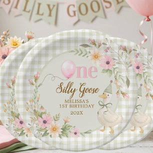 One Silly Goose Gingham Pink Flora Birthday Party  Paper Plate