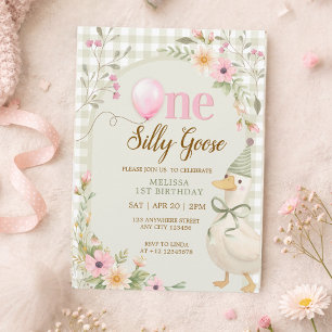 One Silly Goose Gingham Pink Floral 1st Birthday Invitation