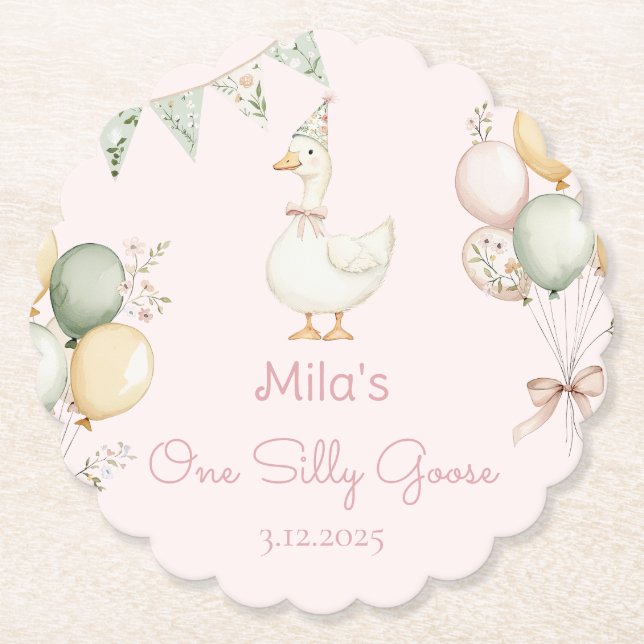 One Silly Goose Girl 1st Birthday Paper Coaster (Front)