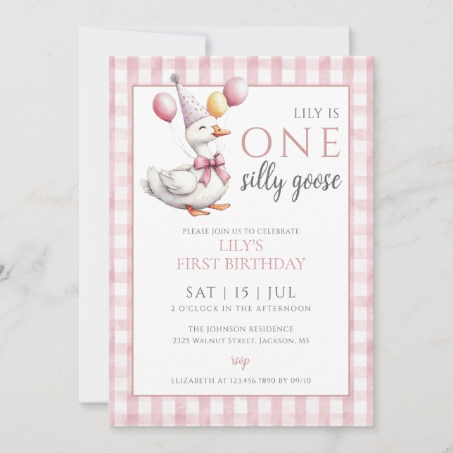 One Silly Goose Girl 1st Birthday Party Invitation (Front)