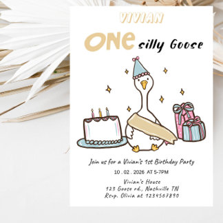 One Silly Goose Girl 1st Birthday Party Invitation
