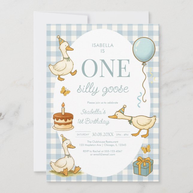 One Silly Goose Girl 1st Birthday Party Invitation (Front)