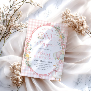One Silly Goose Girl 1st Birthday Pink Gingham Invitation