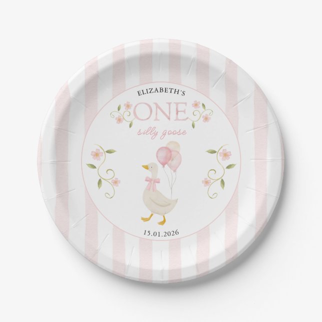 One Silly Goose Girl 1st Birthday Pink Paper Plate (Front)