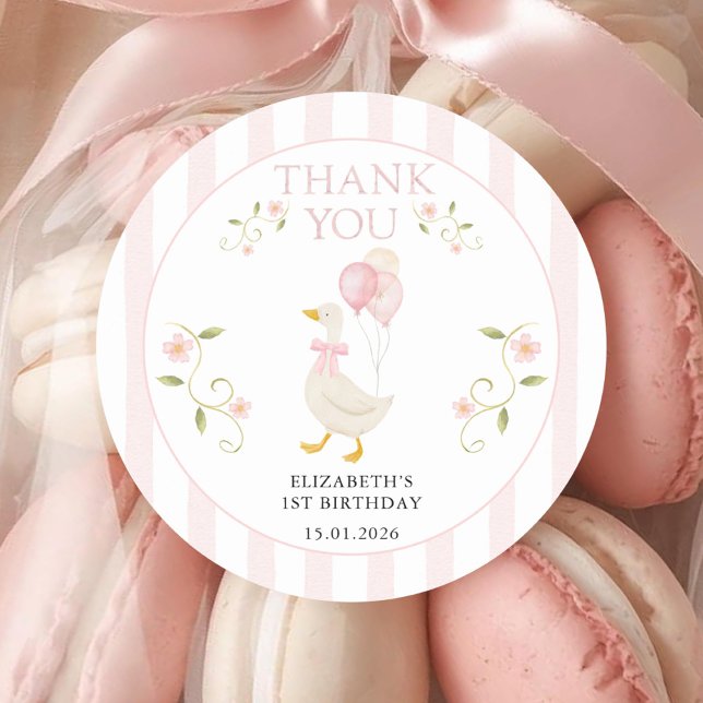 One Silly Goose Girl 1st Birthday Pink Thank You Classic Round Sticker (Creator Uploaded)