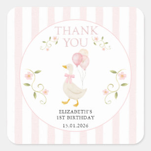 One Silly Goose Girl 1st Birthday Pink Thank You Square Sticker