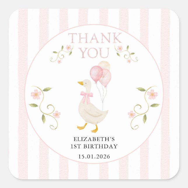One Silly Goose Girl 1st Birthday Pink Thank You Square Sticker (Front)