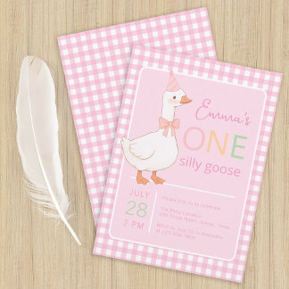 One Silly Goose Girl First Birthday Party Hat Pink Invitation