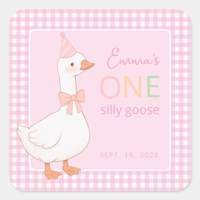 One Silly Goose Girl First Birthday Pink Party Hat Square Sticker (Front)