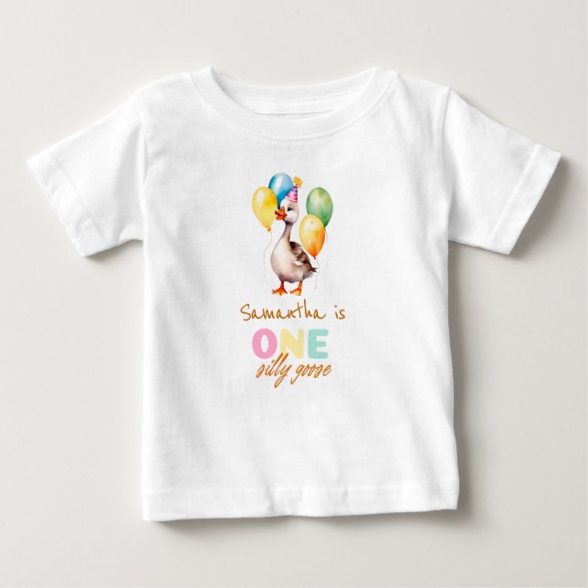 One Silly Goose Girl Pink 1st Birthday Baby T-Shirt (Front)