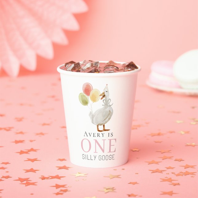 One Silly Goose Girl Pink 1st Birthday Paper Cups (Insitu)