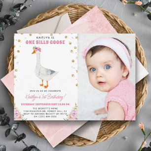 One Silly Goose Girls 1st Birthday Photo Invitation