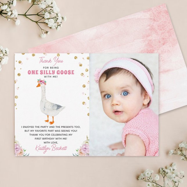One Silly Goose Girls 1st Birthday Photo Thank You Card (Creator Uploaded)