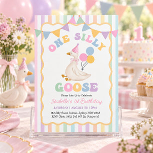 One Silly Goose: Girly Pastel Stripes 1st Birthday Invitation