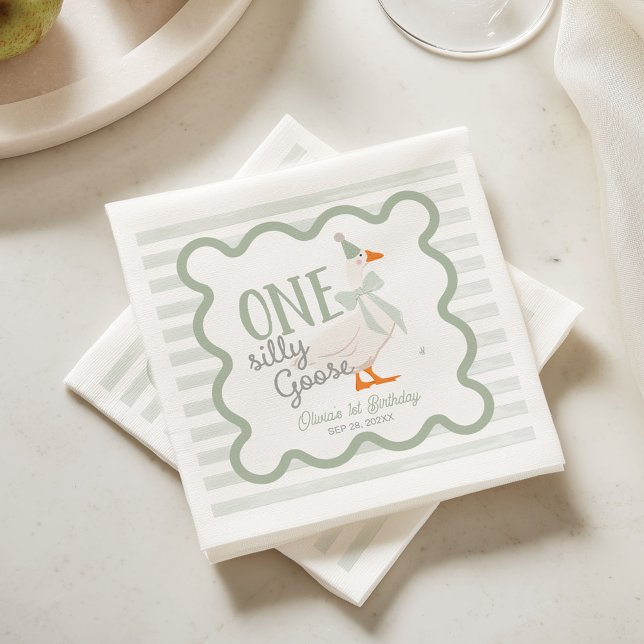 One Silly Goose Green Bow 1st Birthday Napkin (Creator Uploaded)