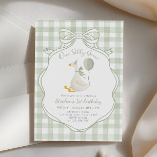One Silly Goose Green Bow First Birthday Invitation