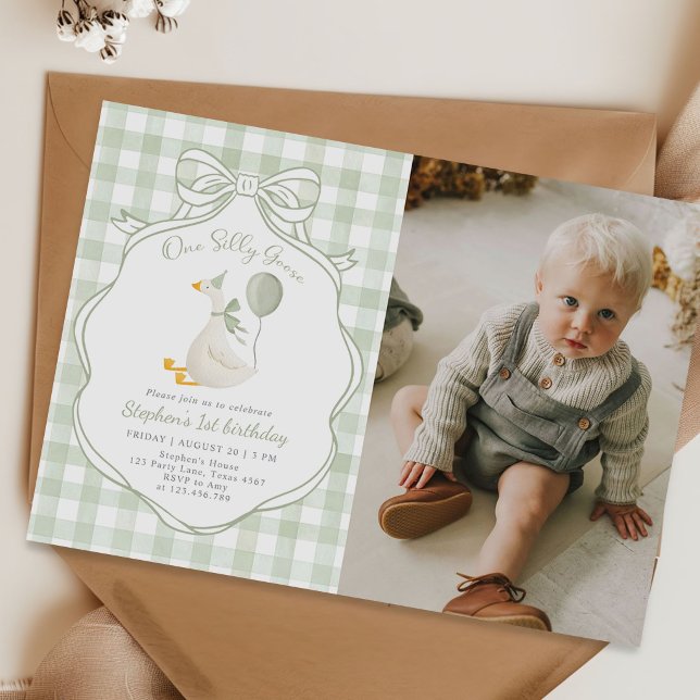 One Silly Goose Green Bow First Birthday Photo Invitation (Creator Uploaded)