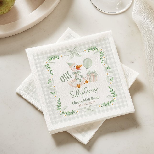 One Silly Goose Green Bow Floral 1st Birthday Napkin (Creator Uploaded)