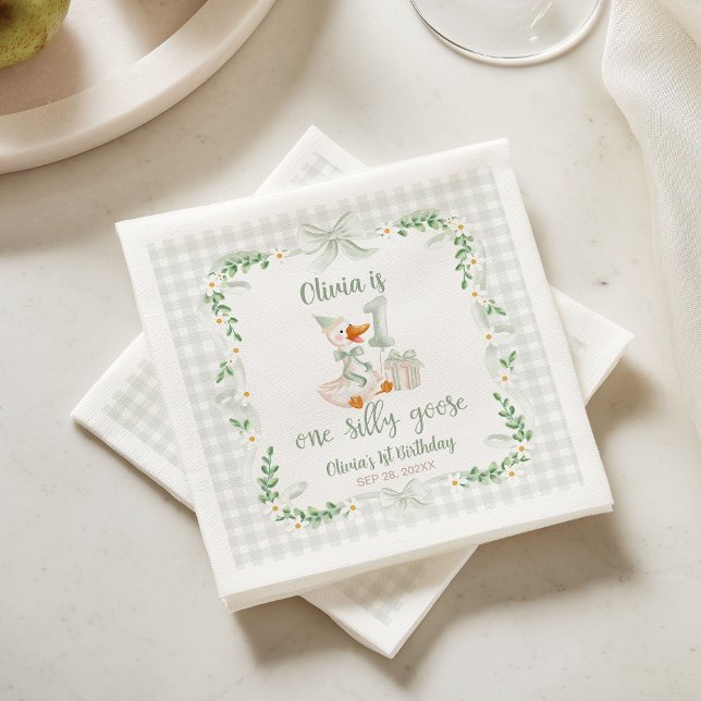 One Silly Goose Green Bow Floral 1st Birthday Napkin (Creator Uploaded)