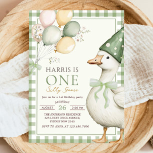 One Silly Goose Green Gingham 1st Birthday Invitation