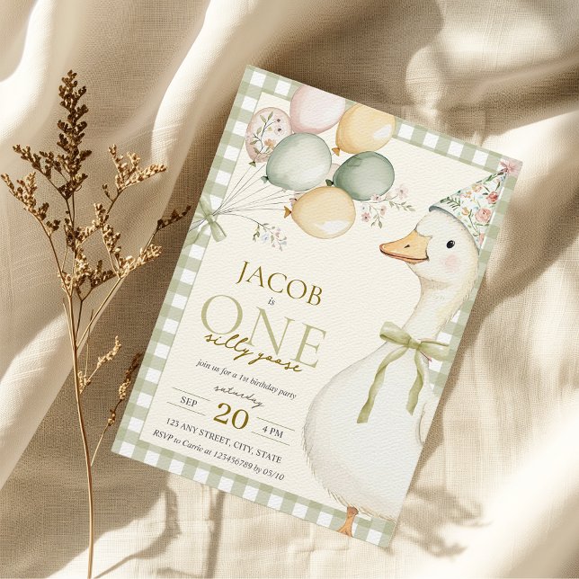One Silly Goose Green Gingham 1st Birthday Invitation (One Silly Goose Green Gingham Boy's 1st Birthday Invitation Watercolor Aesthetic)