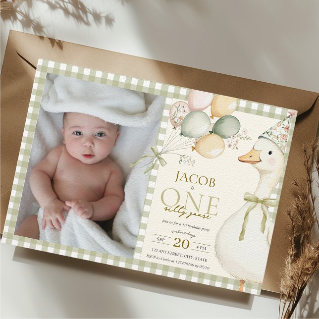 One Silly Goose Green Gingham 1st Birthday Photo Invitation (One Silly Goose Green Gingham 1st Birthday Photo Invitation Boy )