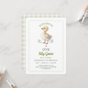 One Silly Goose Green Gingham Baby First Birthday Invitation