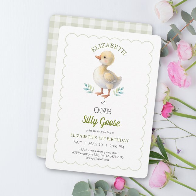 One Silly Goose Green Gingham Baby First Birthday Invitation (Creator Uploaded)